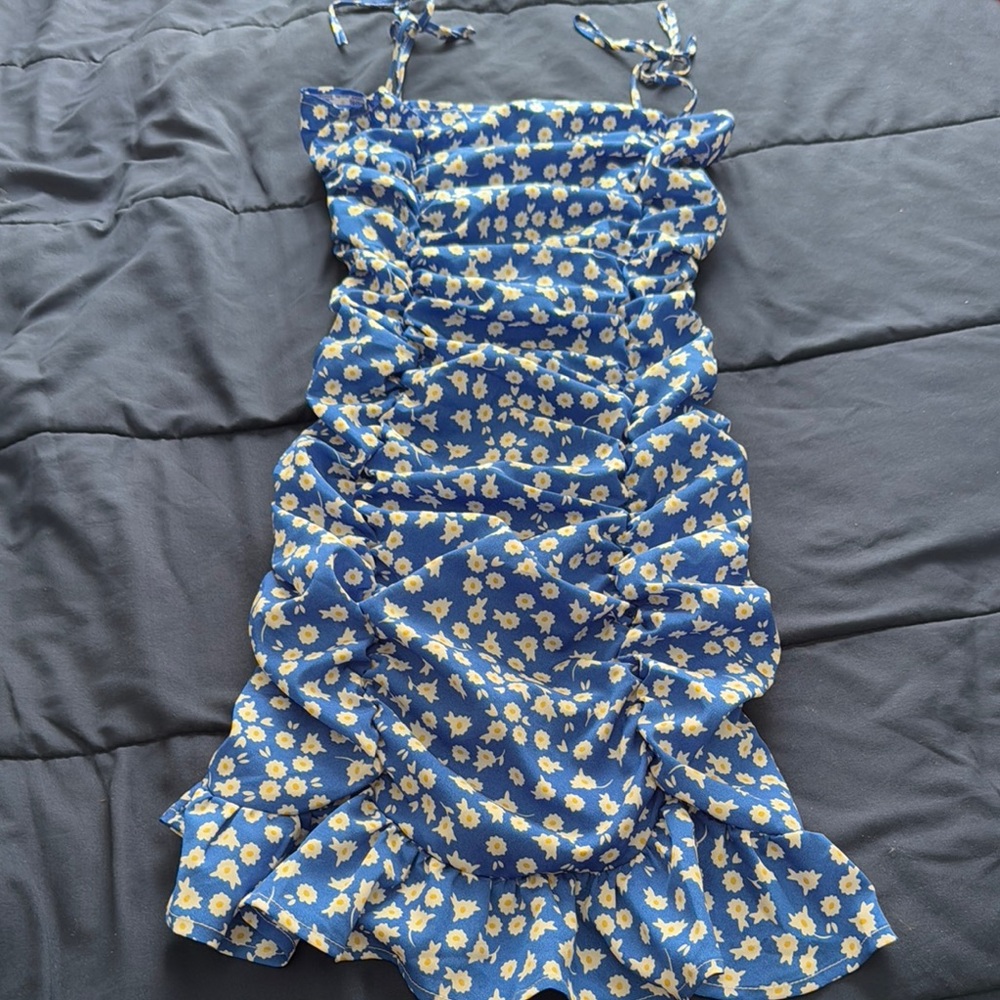 Blue Floral Ruched Dress